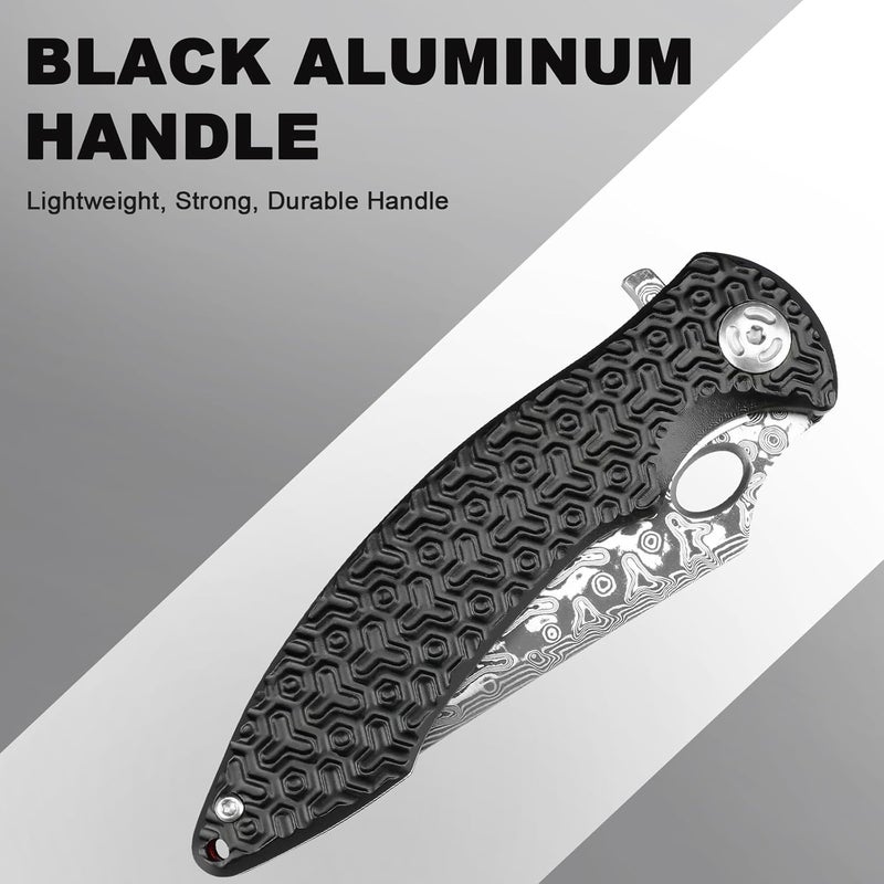 Zingbee Pocket Knife for EDC Damascus Pocket Knife with Black Aluminum Handle 3.3" Damascus Blade Pocket knives & Folding Knives - Image 4